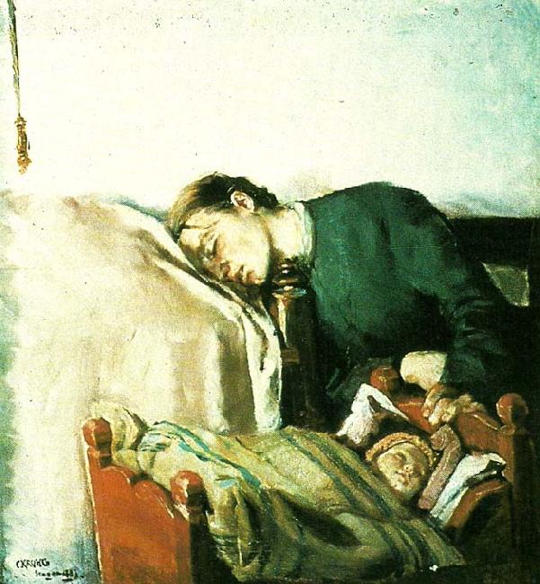 Christian Krohg sovende mor ved sit barns vugge oil painting image
